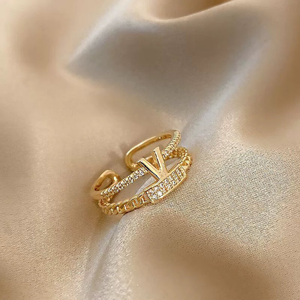 Wholesale Light Luxury Style Copper Zircon Goldplated Ring For Women