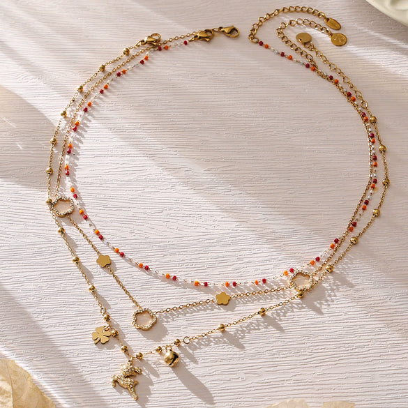 Wholesale Light Luxury Style Electroplated Stainless Steel Deer Bell Clover Multipendant Necklace Bracelet Jewelry Set For Women