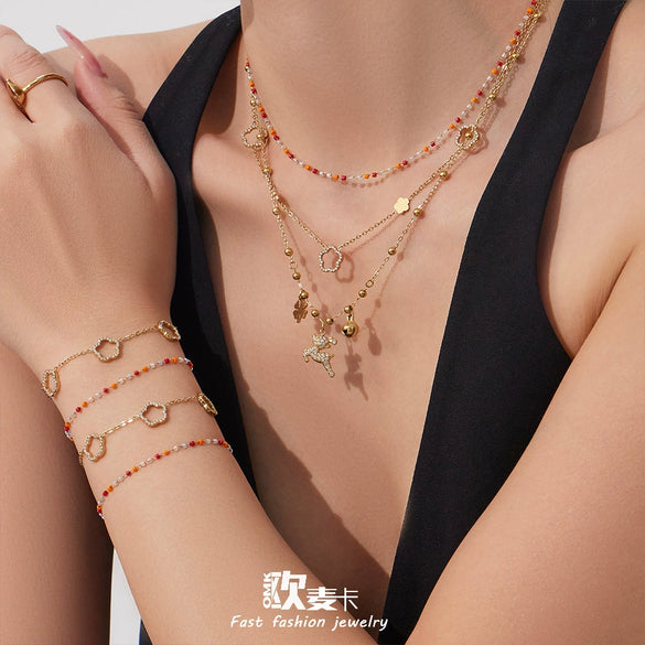 Wholesale Light Luxury Style Electroplated Stainless Steel Deer Bell Clover Multipendant Necklace Bracelet Jewelry Set For Women