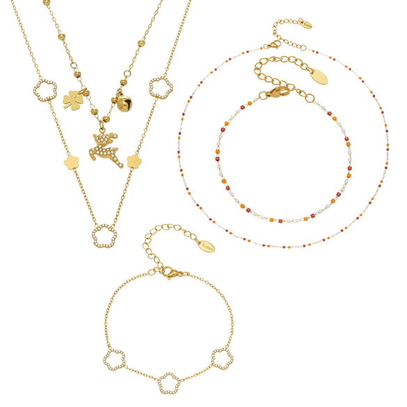 Wholesale Light Luxury Style Electroplated Stainless Steel Deer Bell Clover Multipendant Necklace Bracelet Jewelry Set For Women