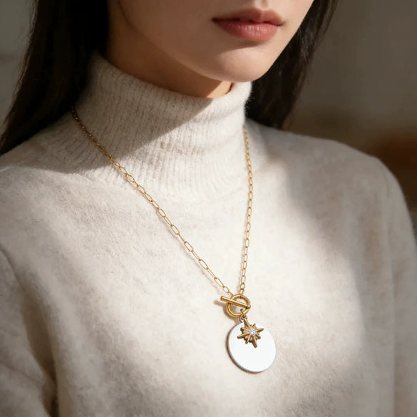 Wholesale Light Luxury Style Electroplated Stainless Steel Geometric Eightpointed Star Paperclip Chain Necklace For Women