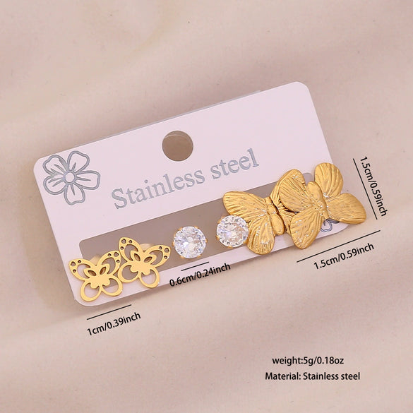 Wholesale Light Luxury Style Electroplated Stainless Steel Heart And Butterfly Flower Earrings For Women