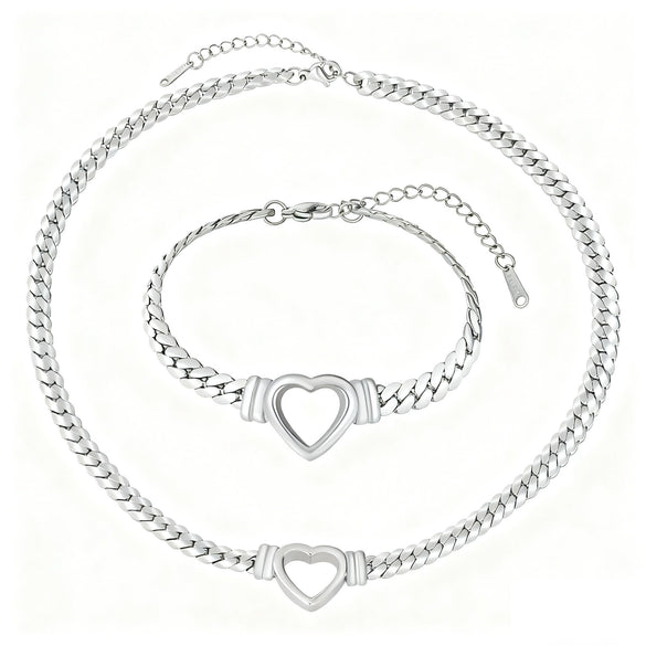 Wholesale Light Luxury Style Electroplated Stainless Steel Heart Shape Bracelet And Necklace Set For Women