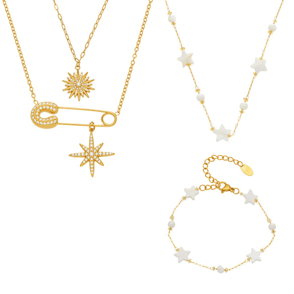Wholesale Light Luxury Style Electroplated Stainless Steel Pinshaped Eightpointed Star Sunflower Necklace And Bracelet Set For Women