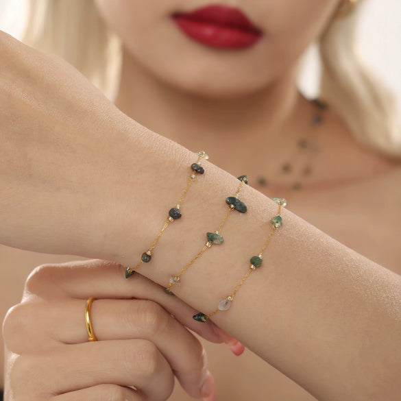 Wholesale Light Luxury Style Ferris Wheel Necklace Bracelet Set Handmade Stainless Steel And Natural Green Crystal Stone Electroplated Jewelry For Women