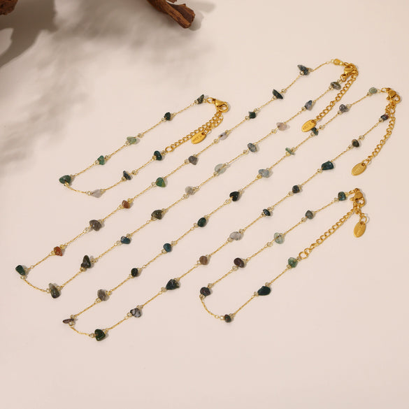 Wholesale Light Luxury Style Ferris Wheel Necklace Bracelet Set Handmade Stainless Steel And Natural Green Crystal Stone Electroplated Jewelry For Women