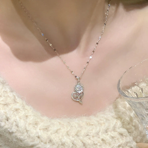 Wholesale Light Luxury Style Flower Shape Titanium Steel Necklace With Copper Inlaid Zircon Pendant For Women