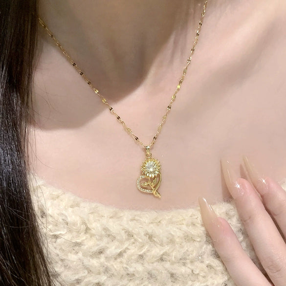 Wholesale Light Luxury Style Flower Shape Titanium Steel Necklace With Copper Inlaid Zircon Pendant For Women