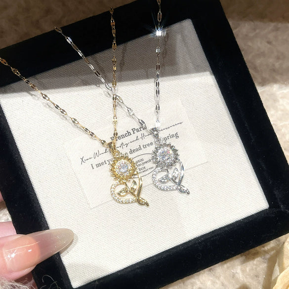 Wholesale Light Luxury Style Flower Shape Titanium Steel Necklace With Copper Inlaid Zircon Pendant For Women