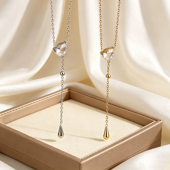 Wholesale Light Luxury Style Geometric Drop Shape Stainless Steel Zircon Necklace With Vacuum Electroplating In Furnace For Women