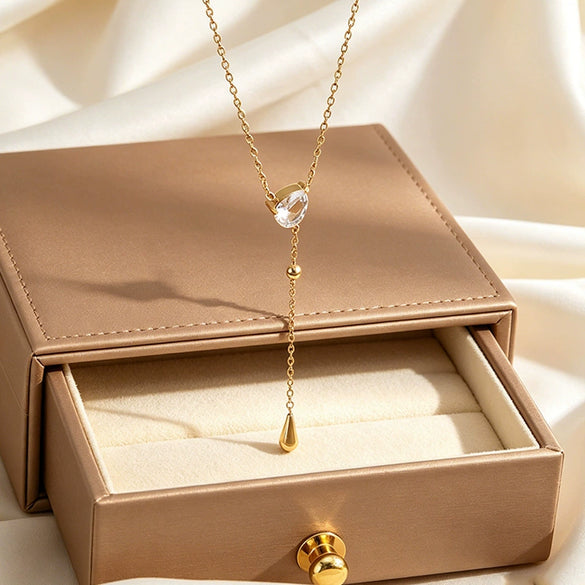 Wholesale Light Luxury Style Geometric Drop Shape Stainless Steel Zircon Necklace With Vacuum Electroplating In Furnace For Women