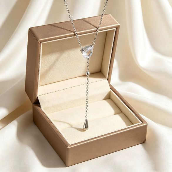 Wholesale Light Luxury Style Geometric Drop Shape Stainless Steel Zircon Necklace With Vacuum Electroplating In Furnace For Women