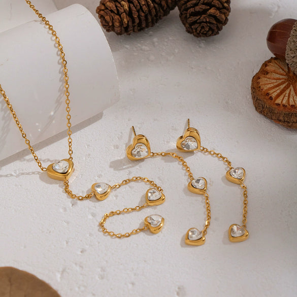 Wholesale Light Luxury Style Heart Water Drop Bell Pattern Zircon Titanium Steel Electroplated Earrings And O Word Chain Necklace Set For Women