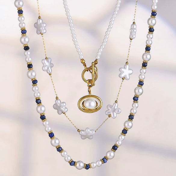 Wholesale Light Luxury Style Imitation Pearl Beaded Ot Clasp Necklace For Women Stainless Steel 18K Gold Plated