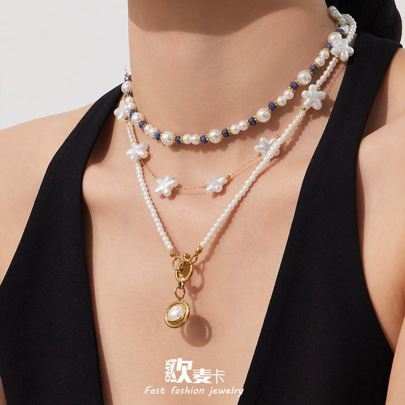 Wholesale Light Luxury Style Imitation Pearl Beaded Ot Clasp Necklace For Women Stainless Steel 18K Gold Plated
