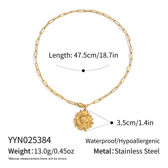 Wholesale Light Luxury Style 18K Real Gold Plated Sunflower Pendant Necklace With Paper Clip Chain For Women