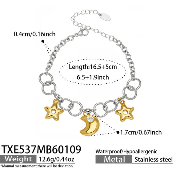 Wholesale Light Luxury Style Moon Star Zircon Pendant Necklace And Bracelet Set Made Of Stainless Steel With Electroplating For Women