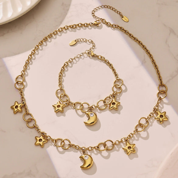 Wholesale Light Luxury Style Moon Star Zircon Pendant Necklace And Bracelet Set Made Of Stainless Steel With Electroplating For Women
