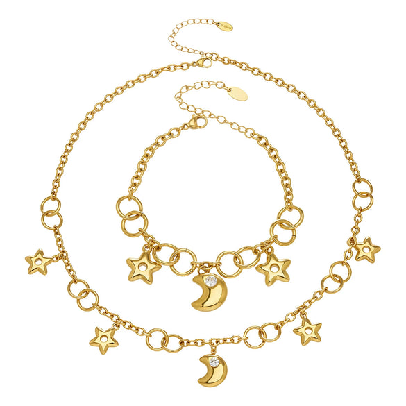 Wholesale Light Luxury Style Moon Star Zircon Pendant Necklace And Bracelet Set Made Of Stainless Steel With Electroplating For Women