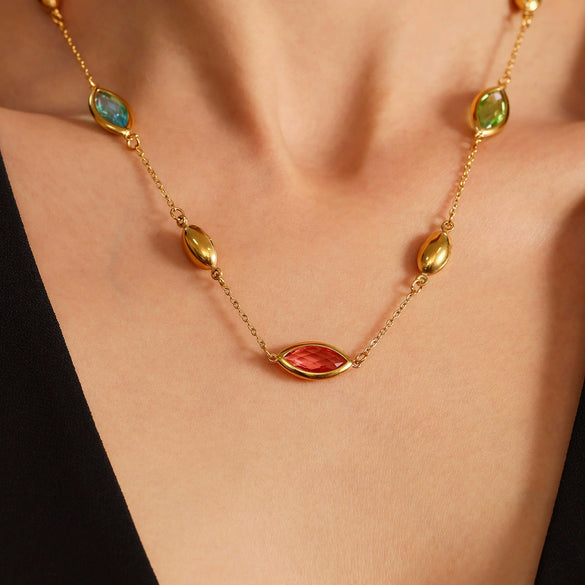 Wholesale Light Luxury Style Multifaceted Translucent Glass Clavicle Necklace With 316L Stainless Steel And 316L Stainless Steel Geometric Shape Electroplated For Women