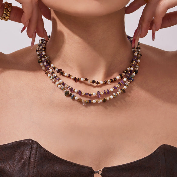 Wholesale Light Luxury Style Natural Stone And Pearl Necklace And Bracelet Set For Women Made Of Stainless Steel With Electroplating