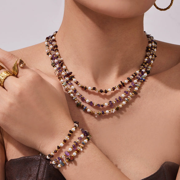 Wholesale Light Luxury Style Natural Stone And Pearl Necklace And Bracelet Set For Women Made Of Stainless Steel With Electroplating