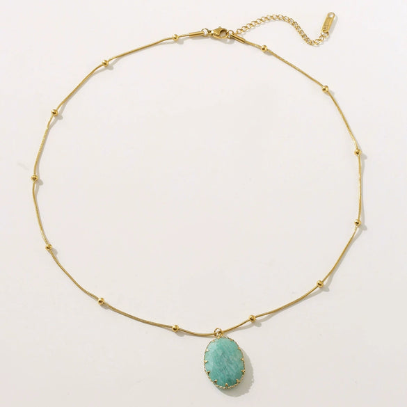 Wholesale Light Luxury Style Oval Natural Stone Pendant Stainless Steel Turquoise Necklace Set With Gems Geometric Design For Women