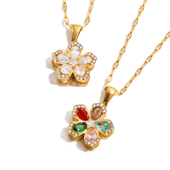 Wholesale Light Luxury Style Rotatable Geometric Flower Zircon Stainless Steel Electroplated Pendant Necklace For Women