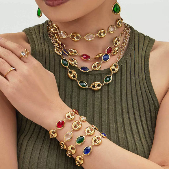 Wholesale Light Luxury Style Stainless Steel And Zircon Electroplated Pig Nose Edge Glass Stone Bracelet And Necklace Set For Women