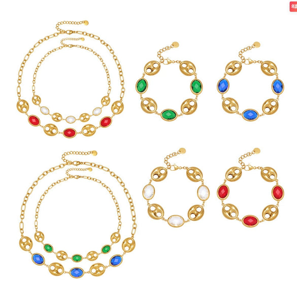Wholesale Light Luxury Style Stainless Steel And Zircon Electroplated Pig Nose Edge Glass Stone Bracelet And Necklace Set For Women