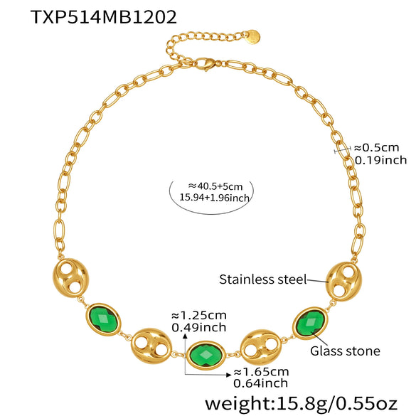 Wholesale Light Luxury Style Stainless Steel And Zircon Electroplated Pig Nose Edge Glass Stone Bracelet And Necklace Set For Women
