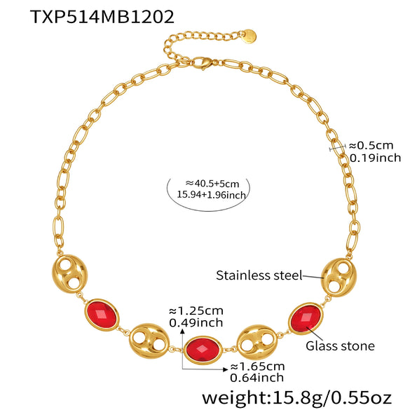 Wholesale Light Luxury Style Stainless Steel And Zircon Electroplated Pig Nose Edge Glass Stone Bracelet And Necklace Set For Women