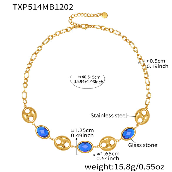 Wholesale Light Luxury Style Stainless Steel And Zircon Electroplated Pig Nose Edge Glass Stone Bracelet And Necklace Set For Women