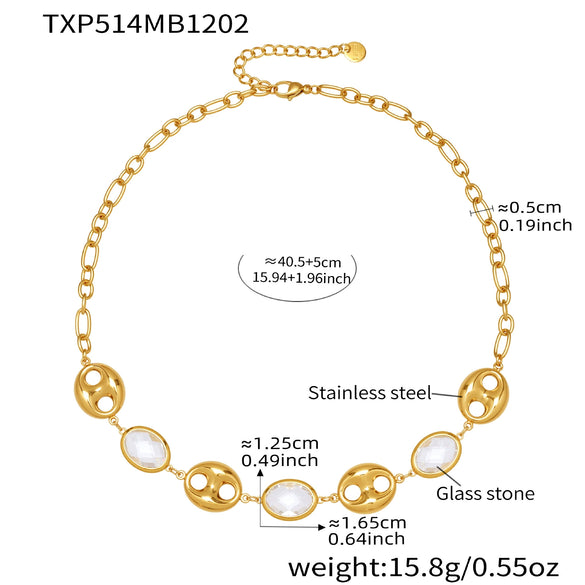Wholesale Light Luxury Style Stainless Steel And Zircon Electroplated Pig Nose Edge Glass Stone Bracelet And Necklace Set For Women