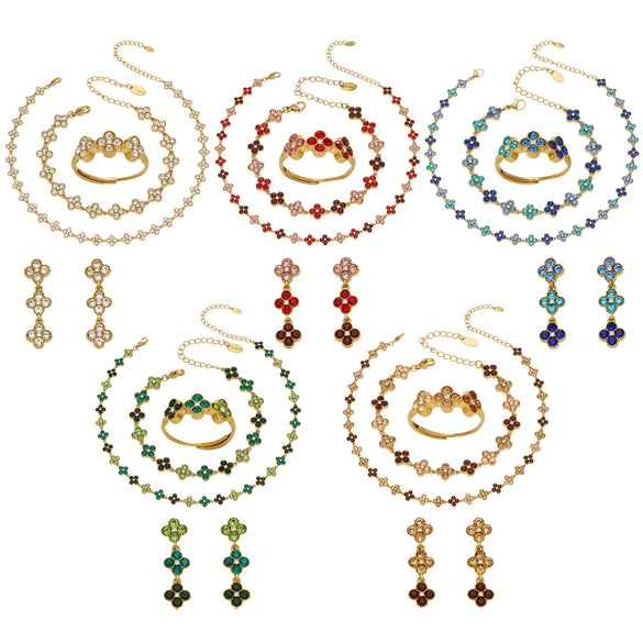 Wholesale Light Luxury Style Stainless Steel Electroplated Fourleaf Flower Jewelry Set For Women Including Necklace Bracelet Ring And Earrings