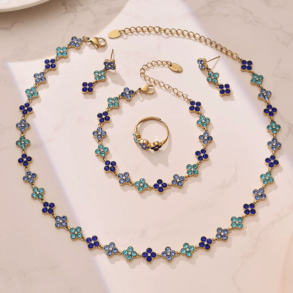 Wholesale Light Luxury Style Stainless Steel Electroplated Fourleaf Flower Jewelry Set For Women Including Necklace Bracelet Ring And Earrings