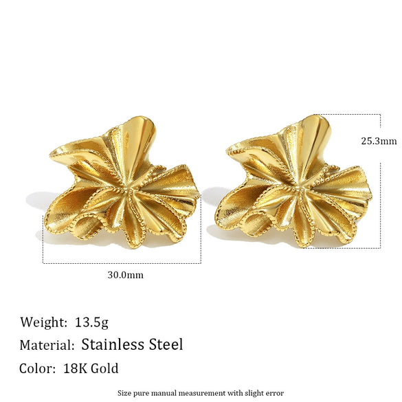 Wholesale Light Luxury Style Stainless Steel Electroplated 18K Gold Bead Edge Pleated Flower Earrings For Women