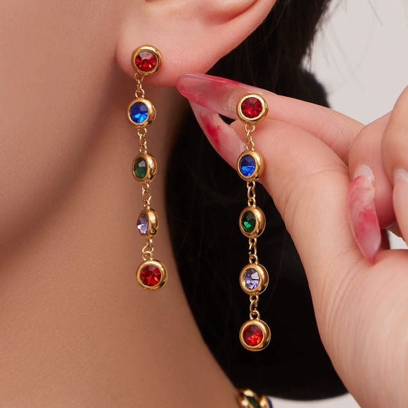 Wholesale Light Luxury Style Stainless Steel Electroplated Round Zirconium Spliced Bracelet Necklace And Tassel Earring Set For Women