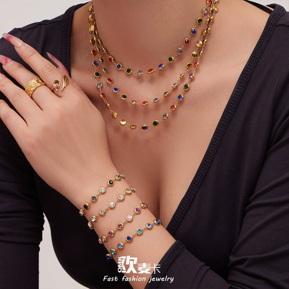 Wholesale Light Luxury Style Stainless Steel Electroplated Round Zirconium Spliced Bracelet Necklace And Tassel Earring Set For Women