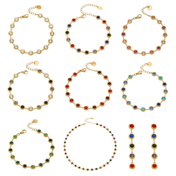Wholesale Light Luxury Style Stainless Steel Electroplated Round Zirconium Spliced Bracelet Necklace And Tassel Earring Set For Women