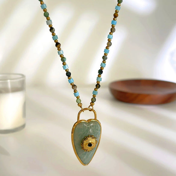 Wholesale Light Luxury Style Stainless Steel Heart Shape Pendant With Natural Stone Eyes Women's Handmade Beaded Chain Necklace