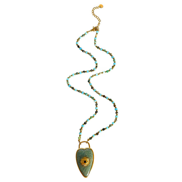 Wholesale Light Luxury Style Stainless Steel Heart Shape Pendant With Natural Stone Eyes Women's Handmade Beaded Chain Necklace