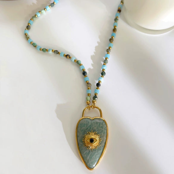 Wholesale Light Luxury Style Stainless Steel Heart Shape Pendant With Natural Stone Eyes Women's Handmade Beaded Chain Necklace