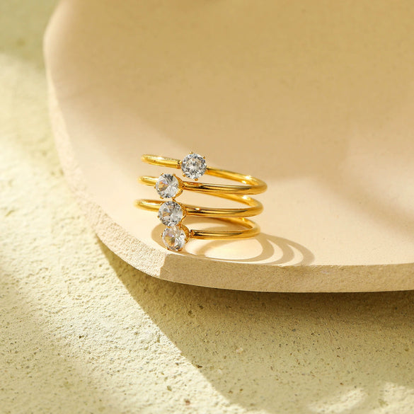 Wholesale Light Luxury Style Threelayer Open Ring Stainless Steel Inlaid With Zircon Electroplated