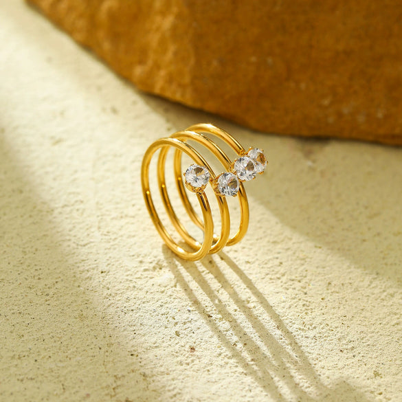 Wholesale Light Luxury Style Threelayer Open Ring Stainless Steel Inlaid With Zircon Electroplated