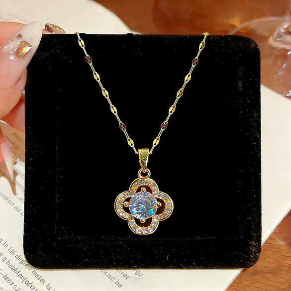 Wholesale Light Luxury Style Titanium Steel Necklace With Flower Shape And Zircon Inlay For Women