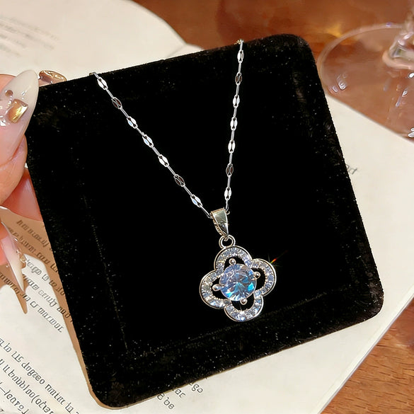 Wholesale Light Luxury Style Titanium Steel Necklace With Flower Shape And Zircon Inlay For Women