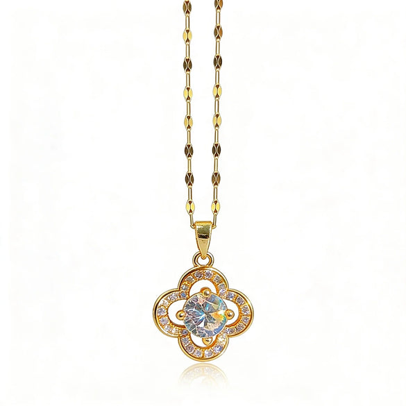 Wholesale Light Luxury Style Titanium Steel Necklace With Flower Shape And Zircon Inlay For Women
