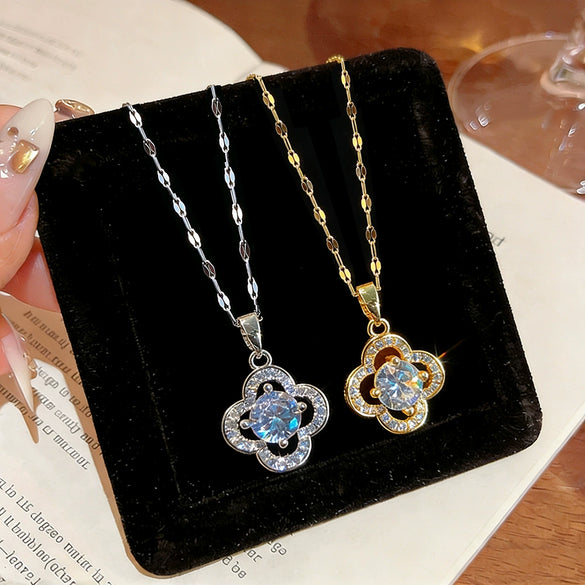 Wholesale Light Luxury Style Titanium Steel Necklace With Flower Shape And Zircon Inlay For Women