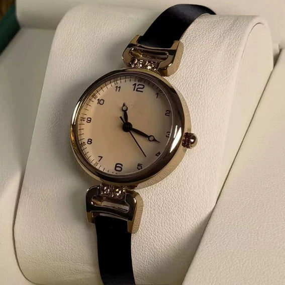 Wholesale Light Luxury Style Women's Quartz Watch With Round Dial Alloy Case Genuine Leather Strap And Spiral Crown Simple Elegant Retro Digital Watch